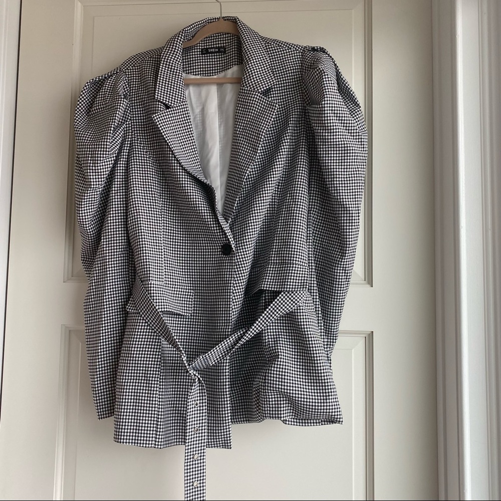 Shein Plus Puff Sleeved Gingham Belted Blazer SZ 16 (2XL)